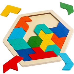 wooden hexagon puzzle for kid adults brain teaser blocks puzzles games toy shape pattern block tangram geometry logic iq stem montessori educational gift for all ages children boys girls challenge