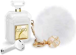 airpods case cute with keychain & fur ball perfume design silicone soft shockproof airpods 2 case cover for girls and women - gold