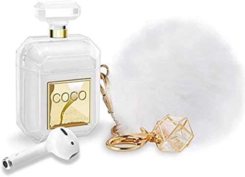 AirPods Case Cute with Keychain & Fur Ball Perfume Design Silicone Soft Shockproof AirPods 2 Case Cover for Girls and Women - Gold