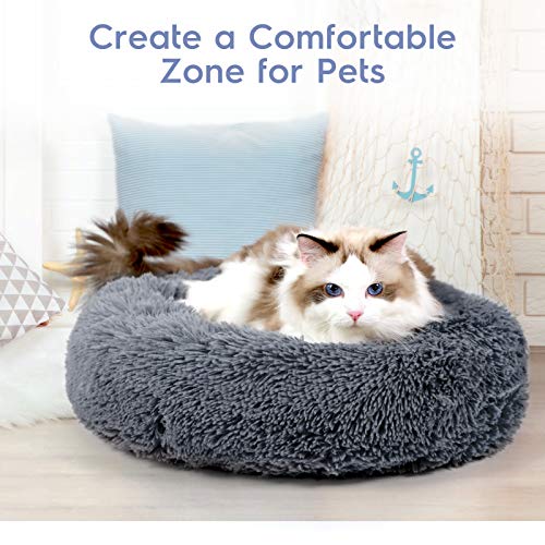 rabbitgoo Cat Beds for Indoor Cats, 20 inches Cat Bed Machine Washable, Fluffy Round Pet Bed Non-Slip, Calming Soft Plush Donut Cuddler Cushion Self Warming for Small Dogs Kittens, Dark Grey, Medium