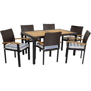 sunnydaze carlow outdoor dining set - 7-piece rattan and acacia outside patio furniture - 1 table and 6 chairs with thick seat cushions - blue stripe