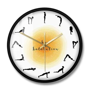 wall clock 12 inch round iron frame clock yoga pose silhouette wall clock non ticking sun salutation wall clock yoga studio decor gift for yogis