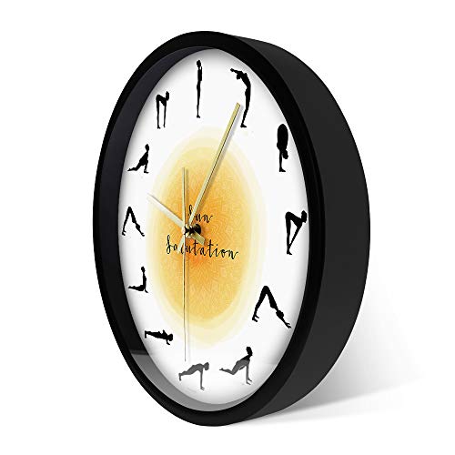 Wall Clock 12 inch Round Iron Frame Clock Yoga Pose Silhouette Wall Clock Non Ticking Sun Salutation Wall Clock Yoga Studio Decor Gift for Yogis