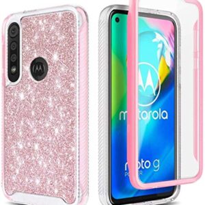 E-Began Moto G Fast Case with [Built-in Screen Protector], Full-Body Shockproof Protective Rugged Bumper Cover, Impact Resistant Case for Motorola Moto G Fast 2020 Release -Glitter Bling Rose Gold