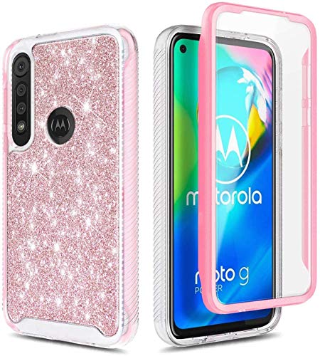 E-Began Moto G Fast Case with [Built-in Screen Protector], Full-Body Shockproof Protective Rugged Bumper Cover, Impact Resistant Case for Motorola Moto G Fast 2020 Release -Glitter Bling Rose Gold