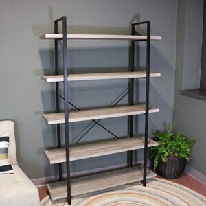 sunnydaze 5-tier bookshelf - industrial style with freestanding open shelves with veneer finish - holds books, media, storage cubes, dvds and more - oak gray