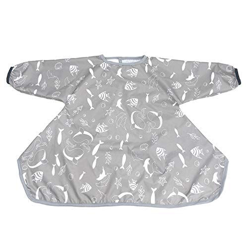 HIVVI Long Sleeve Baby Bib, Attaches to Highchair, Waterproof & Portable (Gray Seaworld)