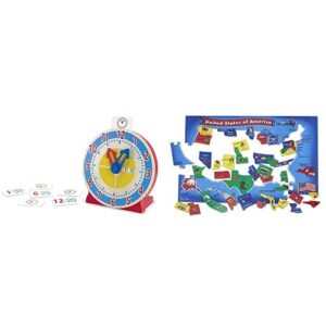 melissa & doug turn & tell wooden clock - educational toy with 12+ reversible time cards and usa map floor puzzle (51 pcs, 2 x 3 feet), multi