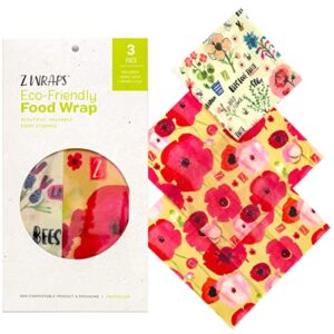z wraps - reusable beeswax food wraps - assorted 3-pack (1 sm, 2 med) - made in usa with 100-precent cotton, organic beeswax and jojoba oil - (bees, poppy)