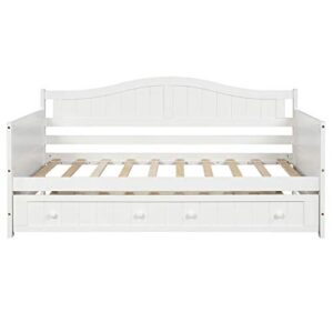 CJLMN Solid Wood Daybed with a Trundle, Twin Trundle Daybed Sofa Bed Frame for Bedroom, Guest Room, Living Room (White)