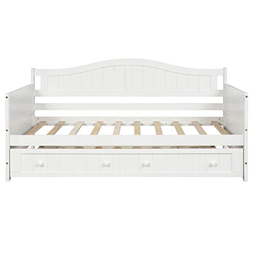 CJLMN Solid Wood Daybed with a Trundle, Twin Trundle Daybed Sofa Bed Frame for Bedroom, Guest Room, Living Room (White)