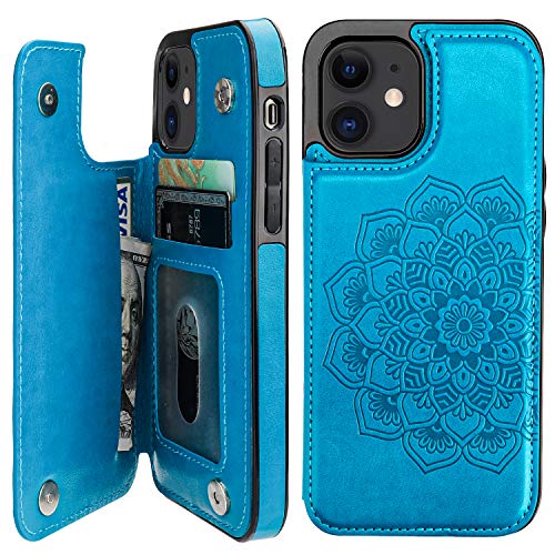 Vaburs Compatible with iPhone 12 and iPhone 12 Pro Case Wallet with Card Holder,Embossed Mandala Pattern Flower PU Leather Double Magnetic Buttons Flip Shockproof Protective Cover 6.1 Inch(Blue)