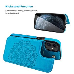 Vaburs Compatible with iPhone 12 and iPhone 12 Pro Case Wallet with Card Holder,Embossed Mandala Pattern Flower PU Leather Double Magnetic Buttons Flip Shockproof Protective Cover 6.1 Inch(Blue)