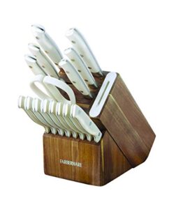 farberware edgekeeper 16-piece stainless steel block set with built-in knife sharpener, high-carbon stainless steel kitchen knife set with ergonomic handles, acacia