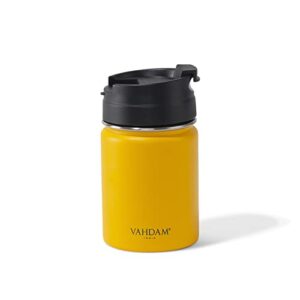 vahdam, coffee travel mug, stainless steel tumbler (8.8oz/260ml) yellow | vacuum insulated coffee mug double wall | sweat-proof sipper tumbler with lid for hot and cold drinks | sports tumbler