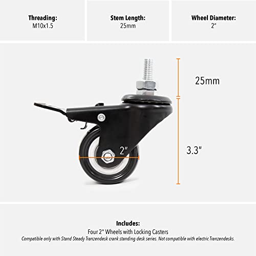 Stand Steady Attachable Desk Wheels | Set of 4 Locking Casters | Easy-Roll and Non-Marring | Full Swivel Wheels Compatible with Tranzendesk Standing Desks (2 Inch/Black)