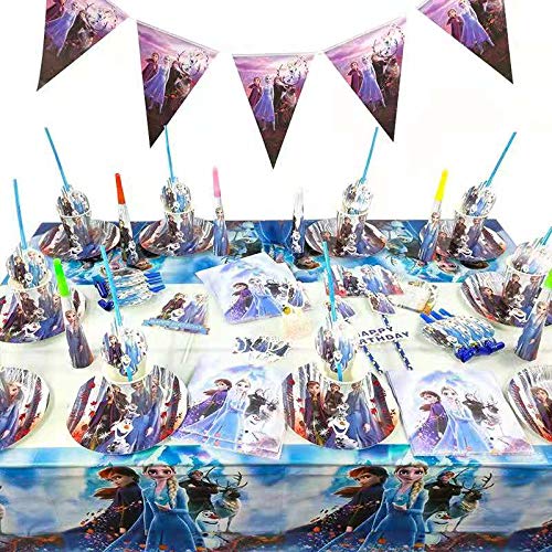 Frozen 2 birthday Party Supplies Set - 128pcs Birthday Decorations for 10-Guest Frozen 2 Theme Party includes Happy Birthday Banner,Pennant,Tablecover,Plates,Knives,Spoons,Forks,Cake Toppers,Frozen Balloons,goodie bags For Frozen Birthday Party Decoration