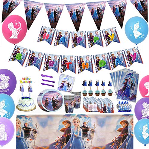 Frozen 2 birthday Party Supplies Set - 128pcs Birthday Decorations for 10-Guest Frozen 2 Theme Party includes Happy Birthday Banner,Pennant,Tablecover,Plates,Knives,Spoons,Forks,Cake Toppers,Frozen Balloons,goodie bags For Frozen Birthday Party Decoration