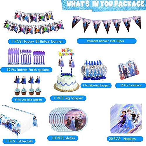 Frozen 2 birthday Party Supplies Set - 128pcs Birthday Decorations for 10-Guest Frozen 2 Theme Party includes Happy Birthday Banner,Pennant,Tablecover,Plates,Knives,Spoons,Forks,Cake Toppers,Frozen Balloons,goodie bags For Frozen Birthday Party Decoration