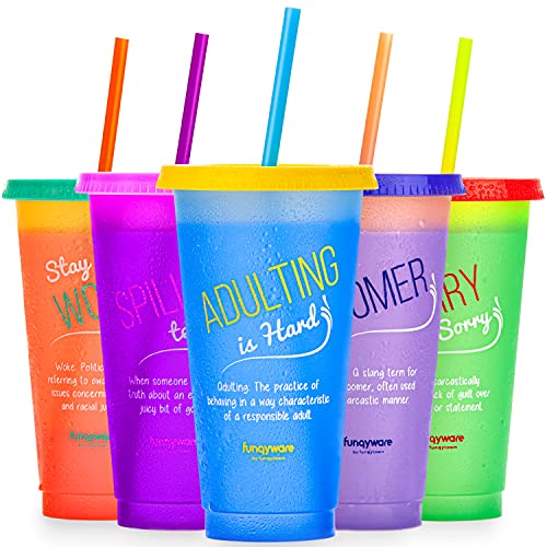 Color Changing Cups with Lids and Straws for Adults - 5 x 24oz Reusable Cups with Lids and Straws, Bulk Plastic Cups with Lids and Straws for Kids, Cold Iced Coffee Cups & Women Party Water Tumbler