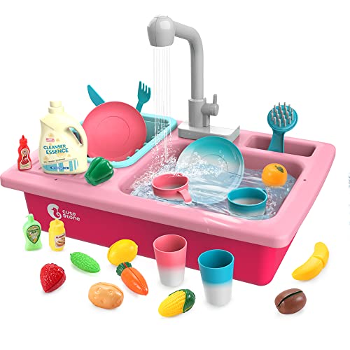 CUTE STONE Play Kitchen Sink Toys,Electric Dishwasher Playing Toy with Running Water,Upgraded Automatic Faucets and Color Changing Accessories, Role Play Sink Set Gifts for Kids Boys Girls Toddler