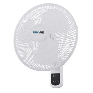 fanfair wall mount fan 16 inch powerful with remote control, timer, quiet cooling, durable plastic grill,oscillation,adjust tilt,space saving for warehouse workshop bedroom home basement office, white