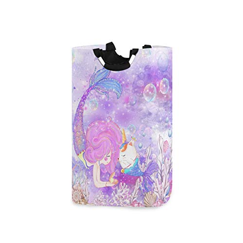 Ollabaky Large Foldable Laundry Hamper Bag with Handles, Mermaid Girl Cute Unicorn Laundry Basket Box Big Storage Organizer for Family, Dormitory, Washhouse