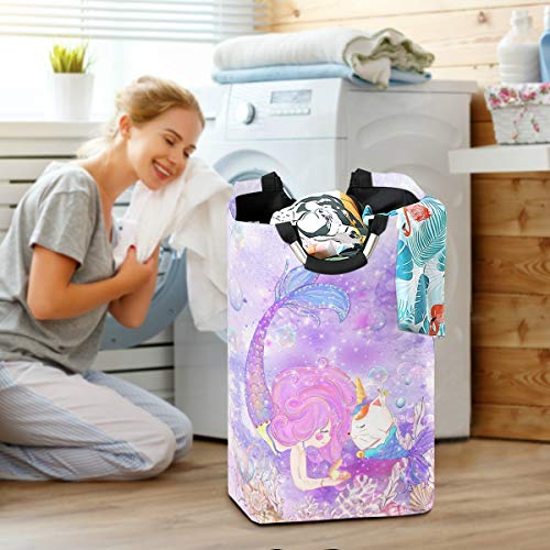 Ollabaky Large Foldable Laundry Hamper Bag with Handles, Mermaid Girl Cute Unicorn Laundry Basket Box Big Storage Organizer for Family, Dormitory, Washhouse