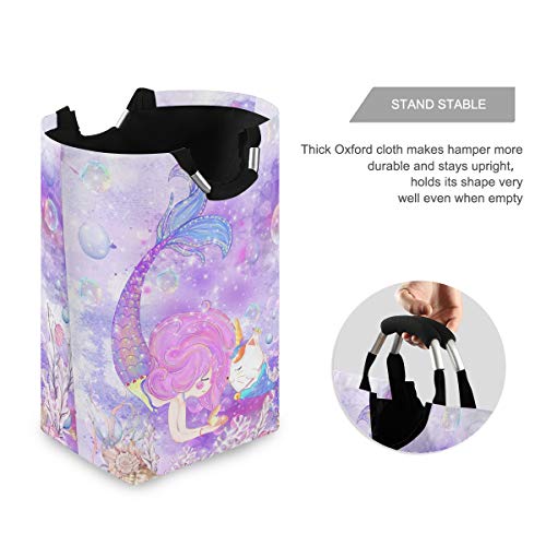 Ollabaky Large Foldable Laundry Hamper Bag with Handles, Mermaid Girl Cute Unicorn Laundry Basket Box Big Storage Organizer for Family, Dormitory, Washhouse