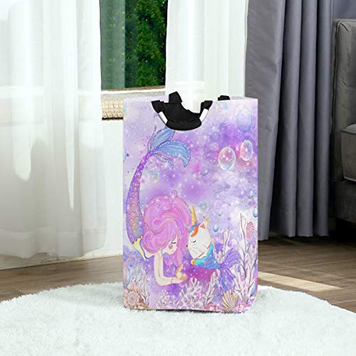 Ollabaky Large Foldable Laundry Hamper Bag with Handles, Mermaid Girl Cute Unicorn Laundry Basket Box Big Storage Organizer for Family, Dormitory, Washhouse