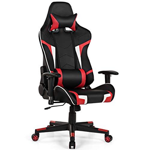 Tangkula Gaming Desk and Chair Set, Ergonomic E-Sport Gamer Desk & Racing Chair Set w/Cup Holder, Monitor Stand, Earphone Hook, Massage & Headrest, Home Office Computer Desk Chair Set (Red)