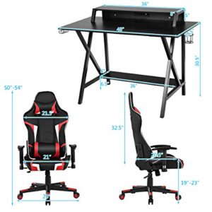 Tangkula Gaming Desk and Chair Set, Ergonomic E-Sport Gamer Desk & Racing Chair Set w/Cup Holder, Monitor Stand, Earphone Hook, Massage & Headrest, Home Office Computer Desk Chair Set (Red)