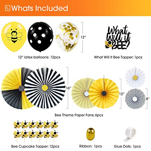 NAIWOXI What Will It Bee Gender Reveal Party Supplies - Bumble Bee Gender Reveal Decorations for Kids Baby Shower, Banner, Table Cloth, Sash, Paper Fans, Cake Topper, Balloons, for Baby Reveal Party