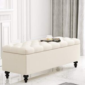 huimo ottoman with storage, 51-inch storage ottoman bench with button-tufted, bedroom bench safety hinge ottoman in upholstered fabrics, large storage bench for bedroom, living room (ivory)