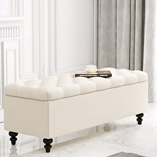 HUIMO Ottoman with Storage, 51-inch Storage Ottoman Bench with Button-Tufted, Bedroom Bench Safety Hinge Ottoman in Upholstered Fabrics, Large Storage Bench for Bedroom, Living Room (Ivory)