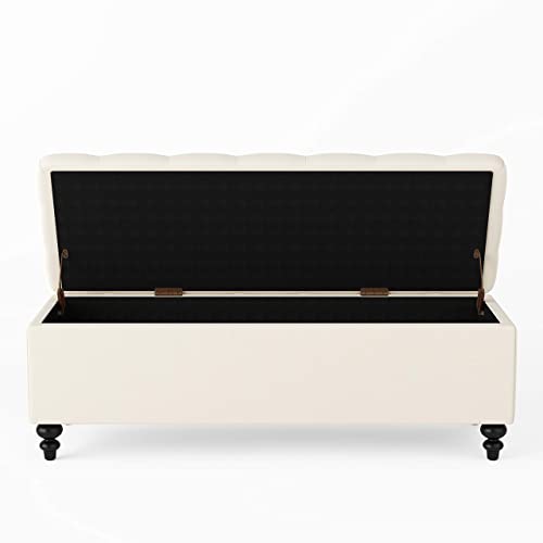 HUIMO Ottoman with Storage, 51-inch Storage Ottoman Bench with Button-Tufted, Bedroom Bench Safety Hinge Ottoman in Upholstered Fabrics, Large Storage Bench for Bedroom, Living Room (Ivory)