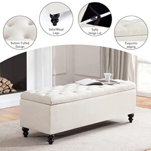 HUIMO Ottoman with Storage, 51-inch Storage Ottoman Bench with Button-Tufted, Bedroom Bench Safety Hinge Ottoman in Upholstered Fabrics, Large Storage Bench for Bedroom, Living Room (Ivory)