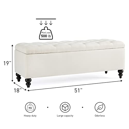 HUIMO Ottoman with Storage, 51-inch Storage Ottoman Bench with Button-Tufted, Bedroom Bench Safety Hinge Ottoman in Upholstered Fabrics, Large Storage Bench for Bedroom, Living Room (Ivory)