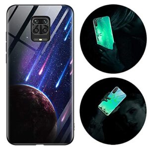 Leton-US Xiaomi Redmi Note 9S/Note 9 Pro Case Silicone Luminous Noctilucent 9H Tempered Glass Back Cover Soft Slim TPU Bumper Shockproof Phone Case Cover for Redmi Note 9S Glow in Dark Meteorite