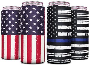 skinny can cooler [ 4 pack ] slim can cooler for slim beer & hard seltzer, skinny beer cans coolie skinny insulators, can cooler sleeve flags