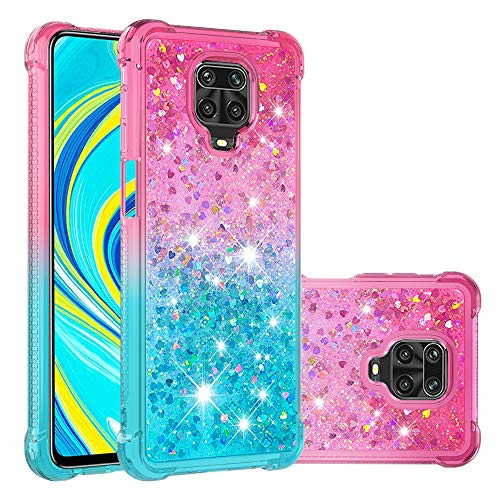 Xiaomi Redmi Note 9S/9 Pro/9 Pro Max Case Transparent Glitter Bling Sparkly Crystal Clear Flowing Liquid Silicone Cover (Pink-Blue)