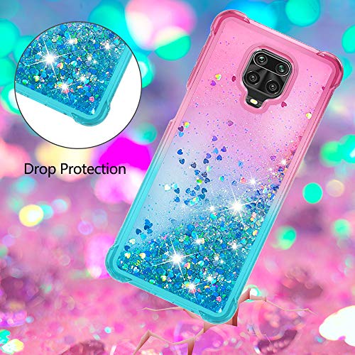 Xiaomi Redmi Note 9S/9 Pro/9 Pro Max Case Transparent Glitter Bling Sparkly Crystal Clear Flowing Liquid Silicone Cover (Pink-Blue)