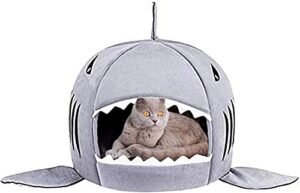cat litter hot cat mat shark-shaped house warm kennel kitten bed one mat two usage shark bed for small cat dog cave cozy bed removable （light grey）