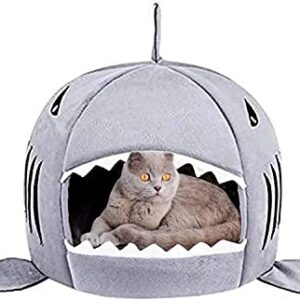 Cat Litter Hot Cat Mat Shark-Shaped House Warm Kennel Kitten Bed One Mat Two Usage Shark Bed for Small Cat Dog Cave Cozy Bed Removable （Light Grey）