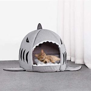 Cat Litter Hot Cat Mat Shark-Shaped House Warm Kennel Kitten Bed One Mat Two Usage Shark Bed for Small Cat Dog Cave Cozy Bed Removable （Light Grey）