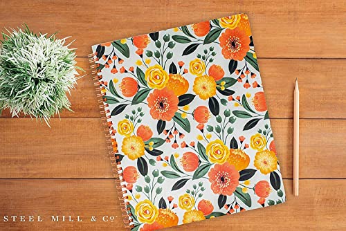 Steel Mill & Co Cute Large Spiral Notebook College Ruled, 11" x 9.5" with Durable Hardcover and 160 Lined Pages, Orange Floral