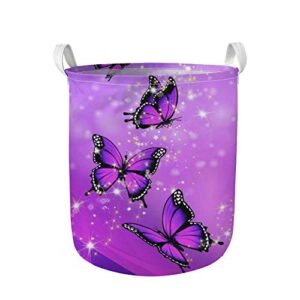 babrukda waterproof laundry basket hamper with durable handles, washing bin, dirty clothes storage organizer, for bathroom, bedroom, closet, kids dog toys clothing collection, purple bling butterfly