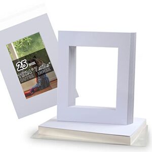 acid free 25 pack 11x14 pre-cut mat board show kit for 8x10 photos, prints or artworks, 25 core bevel cut matts and 25 backing boards and 25 crystal plastic bags, white