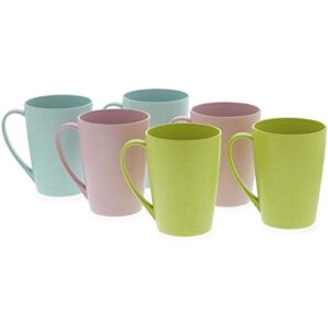 okuna outpost 6-pack 12oz wheat straw mugs, dishwasher safe unbreakable coffee mug set with handles, reusable plastic mug for coffee, tea, milk, warm beverages (3 colors, 4x3x4 in)
