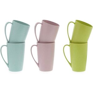Okuna Outpost 6-Pack 12oz Wheat Straw Mugs, Dishwasher Safe Unbreakable Coffee Mug Set with Handles, Reusable Plastic Mug for Coffee, Tea, Milk, Warm Beverages (3 Colors, 4x3x4 in)